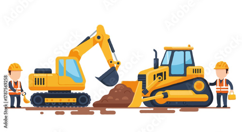 Flat illustration of faceless construction workers using heavy machinery, bright yellow excavator digging the ground with simple shapes, large flat-style bulldozer pushing soil
