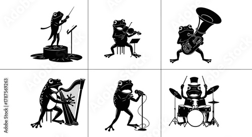 Collection of six frog musicians playing various instruments in a band setting black and white illustrations