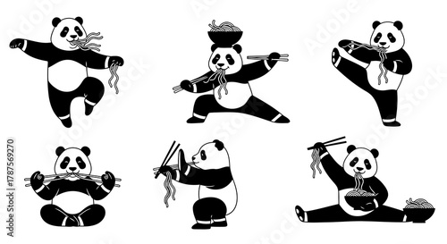 Set of funny pandas eating noodles in different poses, showing playful and active pandas enjoying traditional Asian food with chopsticks