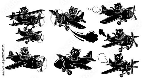 Set of cute cats flying airplanes in different positions, depicting adorable felines as skilled pilots engaged in aerial adventures with propeller planes