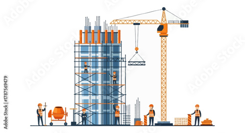 Flat cartoon illustration of faceless construction workers building a tall skyscraper, tower crane lifting steel beams, workers in orange safety vests and helmets