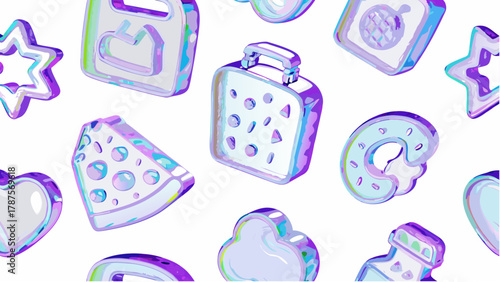 Iridescent shapes in a repeating pattern including hearts stars pizza and other geometric forms design silhouette