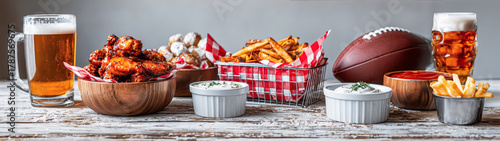 Fictional banner of football party food, including chicken wings and fries with ranch dressing in small bowls, beer mugs on the side, and an American football ball next to it.