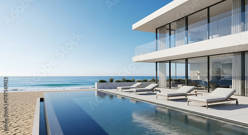 Luxurious modern beachfront villa with infinity pool overlooking a serene ocean and sandy beach on a clear sunny day for tranquil escape.