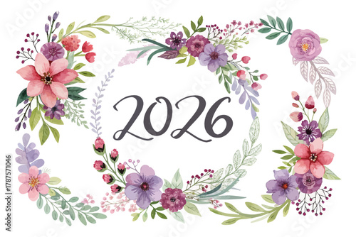 Watercolor Floral wreaths around “2026” vector illustration 