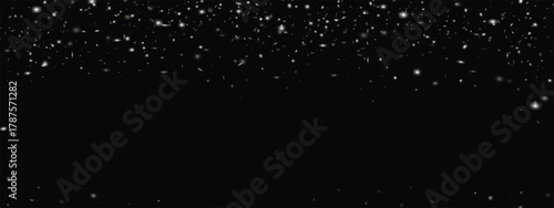 Realistic falling snow overlay on black background with glowing particles.Vector elements for Christmas,winter season projects,holiday videos,YouTube overlays,festive design frame boder template