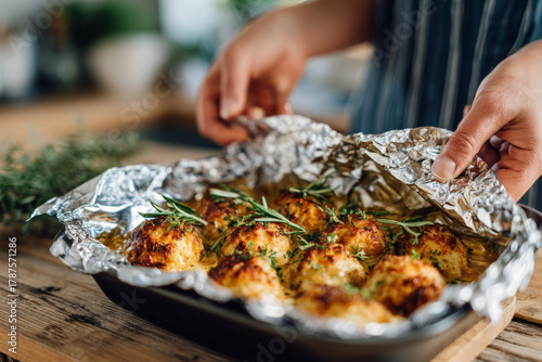 Freshly baked herb-crusted chicken unveiled from foil in cozy kitchen atmosphere