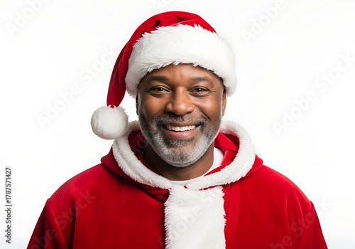 Joyful african american man wearing santa hat and costume smiling brightly isolated on white background