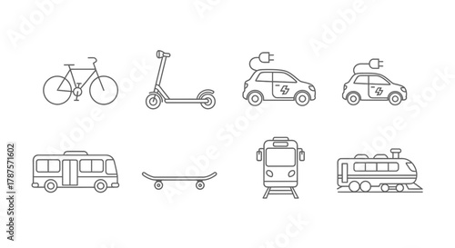 Modern transportation icons representing diverse mobility options including electric cars, bikes, trains, buses, and scooters for sustainable travel concepts