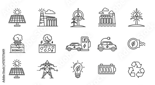 Dynamic collection of clean energy icons illustrating sustainable power sources and eco friendly technology for modern concepts