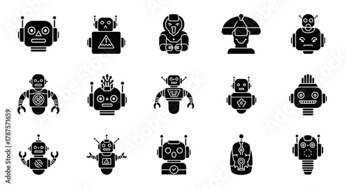 Diverse collection of stylized robot icons, showcasing futuristic technology and artificial intelligence concepts for modern design projects.