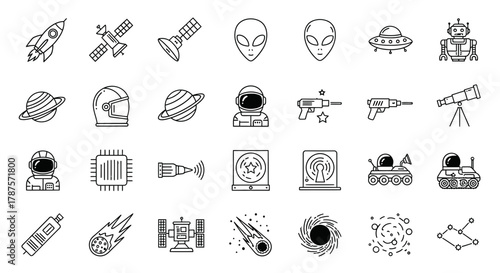 Explore the cosmos with this collection of space icons featuring rockets, astronauts, aliens, planets, and futuristic technology for creative projects.