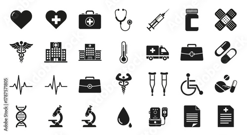 Essential medical icons representing healthcare, wellness, and patient care for professional design projects