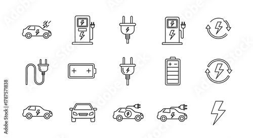 Essential electric vehicle charging icons and symbols for modern automotive technology and sustainable transport concepts