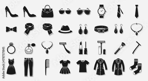 Stylish collection of essential fashion accessories and apparel icons for modern living and personal care
