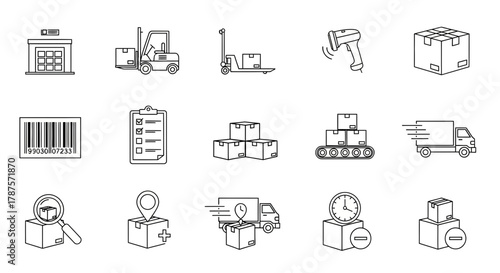 Streamline logistics with modern icons for warehousing, delivery, and inventory management, showcasing efficiency and global reach.