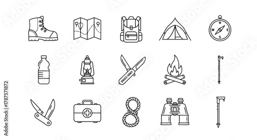 Essential outdoor adventure gear collection for hiking exploration and survival with boot map backpack tent compass water bottle lantern knife campfire first aid rope binoculars and trekking poles