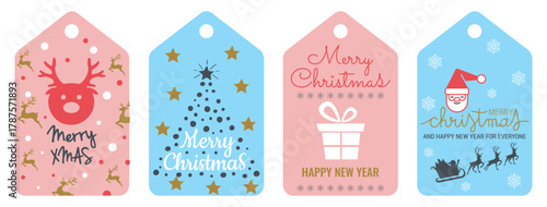 Set of cute printable Christmas gift tags with a Christmas tree, snowflakes, reindeer, and Santa. Simple vector illustrations on pink and blue backgrounds. Perfect for holiday design.