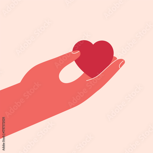 Red heart in hand. Human arm holds love and care symbol for valentine day. Concept of support, kindness, charity and donation blood and organ. Vector illustration