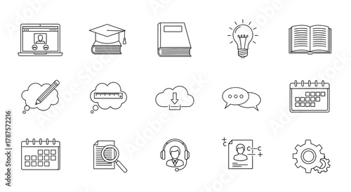 Modern business education and technology icons representing learning, progress, and communication for professional success