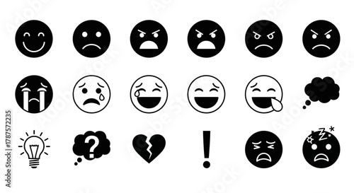 Diverse emotions collection featuring happy, sad, angry, laughing, crying, thinking, and stressed faces for modern communication