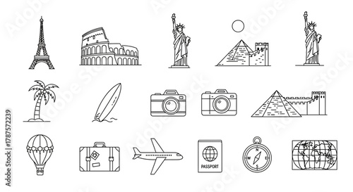 Explore the world with iconic landmarks, travel essentials, and adventure icons for your next journey or project.