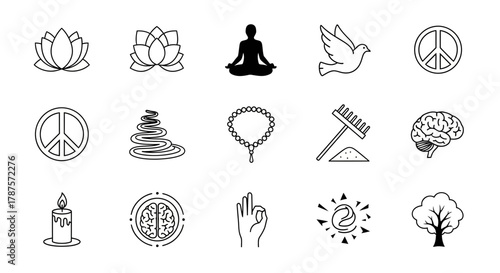 Serene icons representing peace, mindfulness, nature, and well-being for holistic lifestyle and mental clarity inspiration