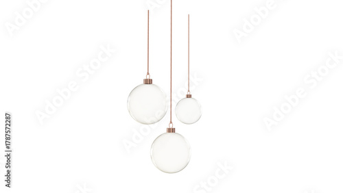 3 glass christmas balls transparent with copper fixture hanging from top 