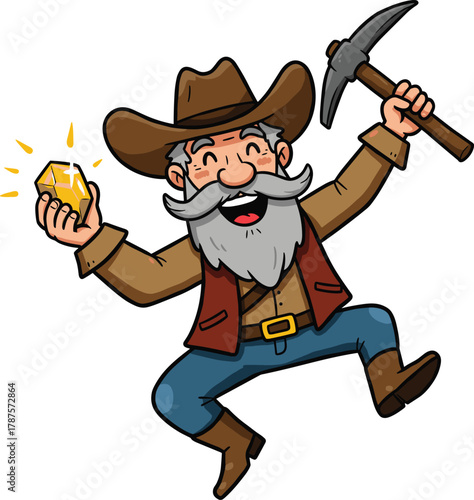 Cartoon gold miner jumping with pickaxe and shiny nugget, happy prospector character in wild west outfit for treasure hunt vector