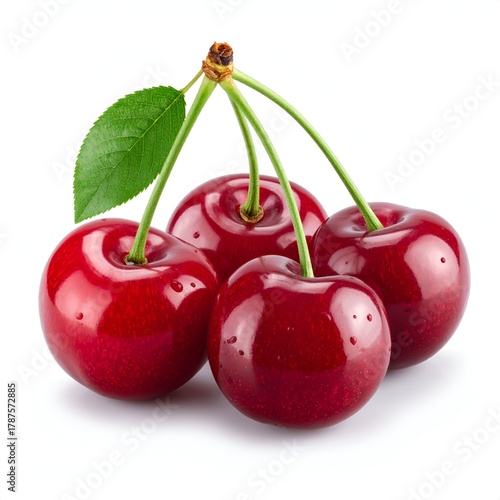 Freshly picked cherries with vibrant red color and green leaves arranged on a white background