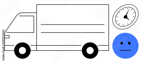 Box truck with clock and blue neutral face emphasizing timely delivery, transportation, and logistics planning. Ideal for shipping, scheduling, customer service, punctuality, operation management
