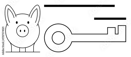 Piggy bank next to large key symbolizing financial planning, security, and success. Ideal for savings, banking, security, investment, wealth planning management. Bold simple flat metaphor