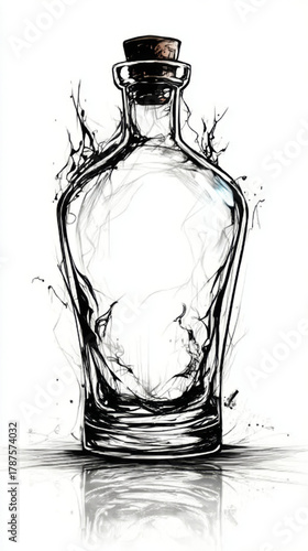 Empty glass bottle with cork, mysterious and artistic, representing emptiness and possibility, with abstract ink splashes.