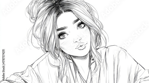 young woman, kiss face, captivating, sweet, Young woman making a kiss face, captivating and sweet, representing affection and charm, in black and white sketch style.