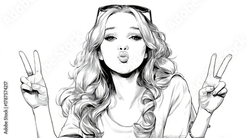 Young woman making a kiss face with peace signs, playful and charming, representing happiness and friendship, in black and white sketch style.