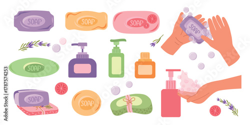 A large set of bar and liquid soap. Vector illustration of handmade soap, hand and body hygiene.