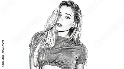 Young woman with long hair, stylish and assertive, posing looking at the camera, in black and white sketch style.