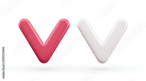 Two 3D V-shape checkmarks, glossy and clean, representing agreement and completion, in red and white.
