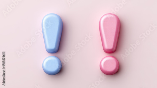 Two 3D exclamation marks, soft and textured, representing warning and emphasis, in pink and blue on a light background.