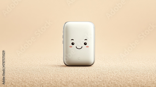 Cute cartoon character as a white rectangle with a face, cheerful and simple, representing communication and messaging, on a sandy background.