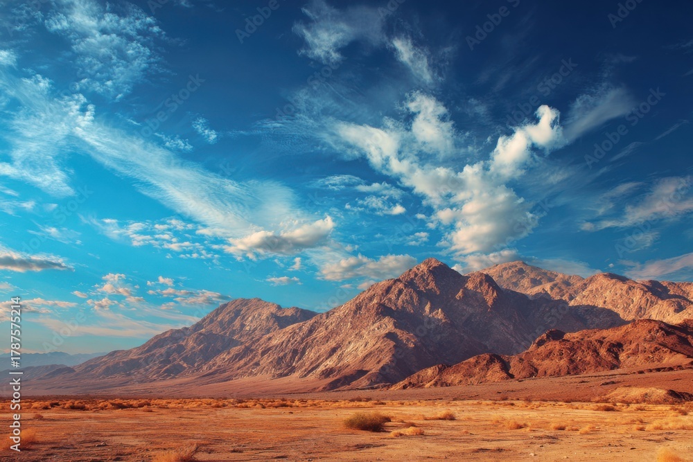 Naklejka premium Majestic desert landscape featuring rugged mountains under a vibrant sky with varied clouds, dry grass and shrubs in the foreground showcasing the harsh climate and warm earthy tones