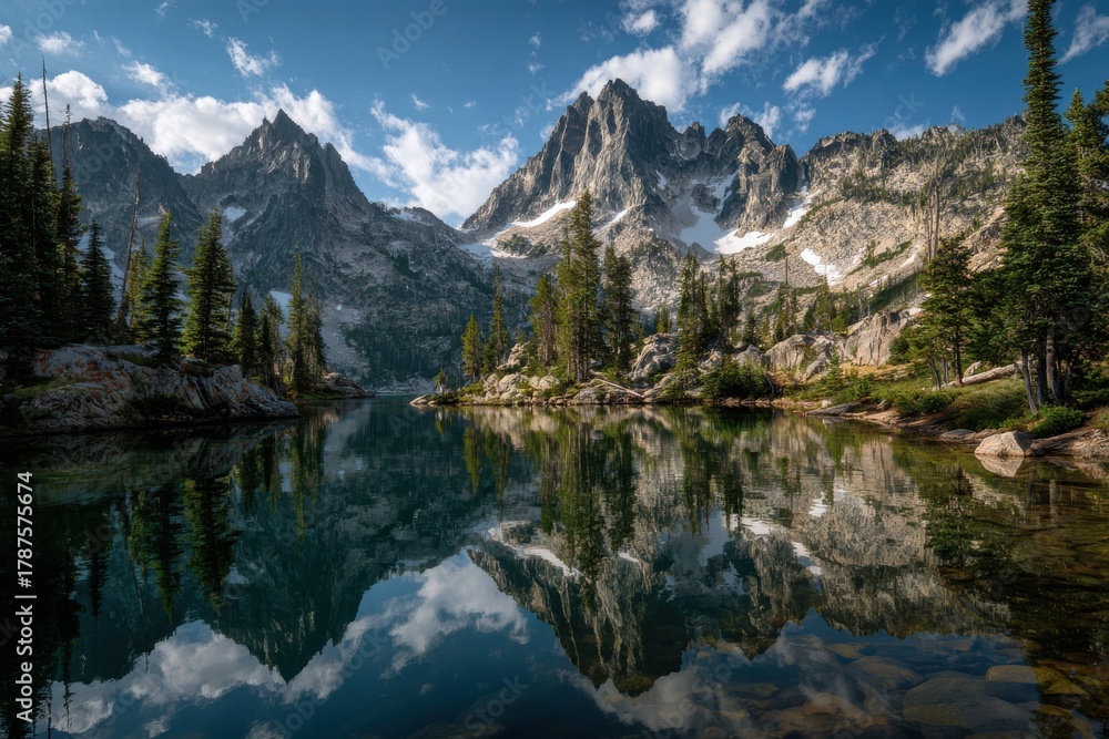 Fototapeta premium Serene mountain lake surrounded by lush trees and towering peaks reflecting nature's beauty in tranquil waters with a bright clear sky and soft white clouds for nature enthusiasts and travelers