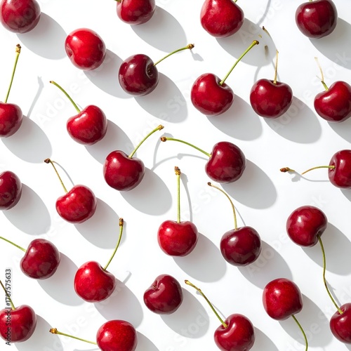 A vibrant arrangement of fresh cherries on a clean white surface, showcasing their rich color and shadows