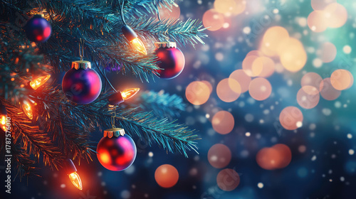 Verschneiter Tannenzweig mit bunten Weihnachtskugeln in festlicher Atmosphäre. Ideal für saisonale Grußkarten oder Weihnachtsdekoration.