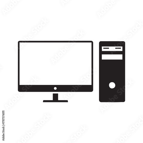 Desktop computer icon with monitor and tower, PC silhouette vector symbol, isolated on white background