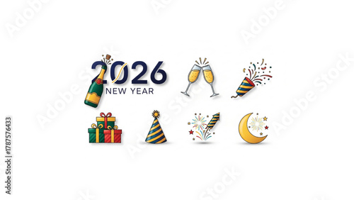2026 new year celebration vector icon set with champagne and fireworks
