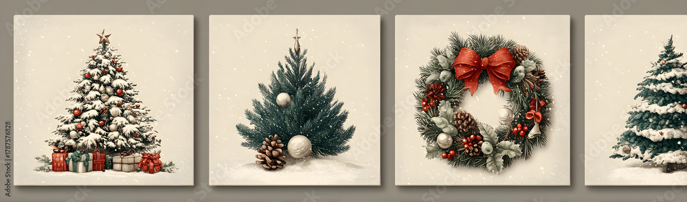 Naklejka premium Set Christmas cards with Christmas tree, wreath, christmas elements. Vector illustrations