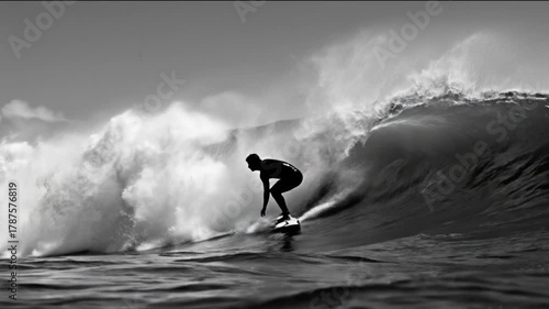Black and white photo of a surfer catching air above a powerful ocean wave in mid-jump during an extreme surfing session under a clear sky