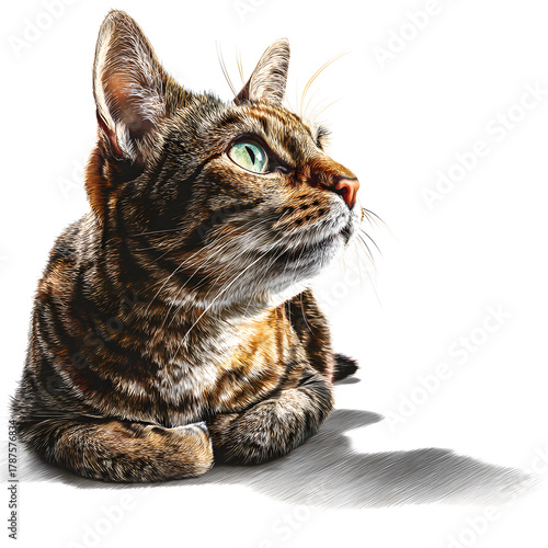 Observant Cat Portrait: An attentive tabby cat gazes intently upwards, revealing its striking eyes and focused expression, captured in stunning detail.