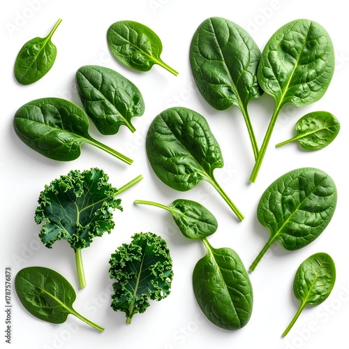 Fresh green spinach and kale leaves arranged artistically on a white background for culinary use